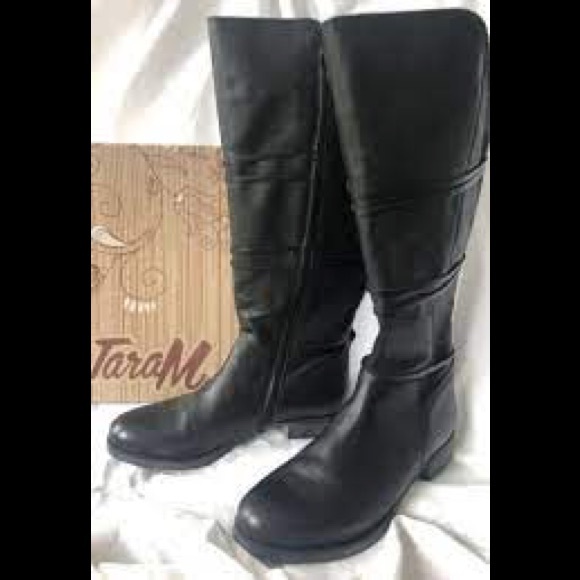 Tara M Udine Black Leather Wide Calf Boots Size 38 - Picture 1 of 7